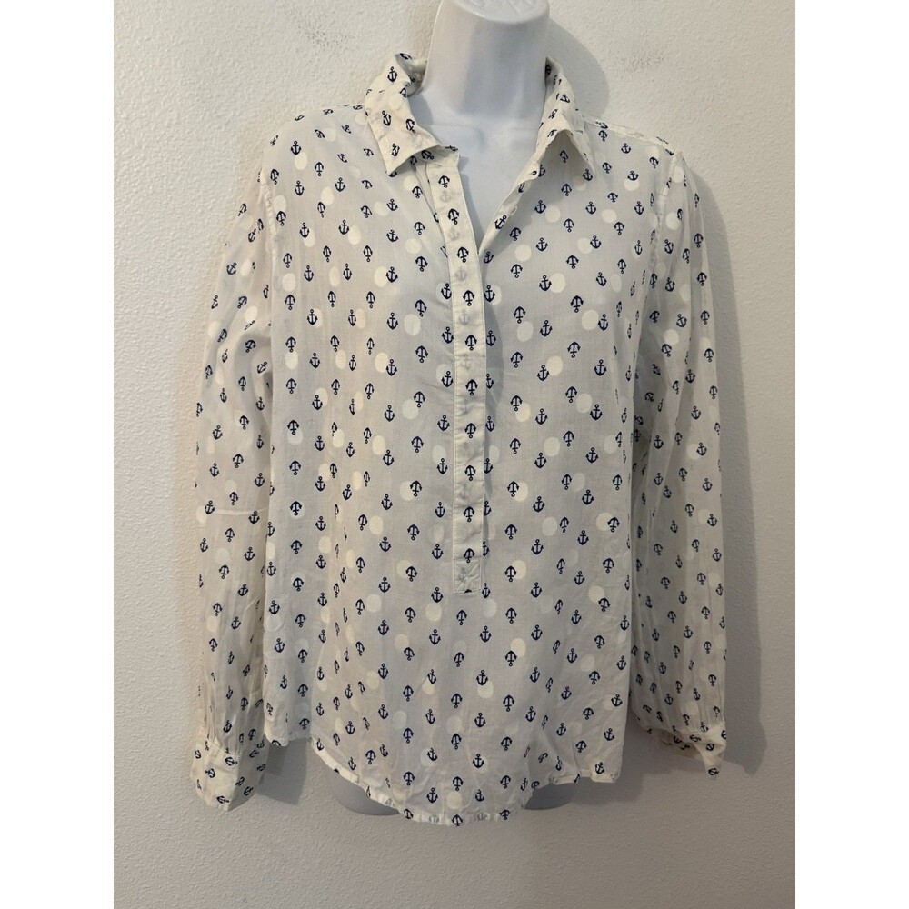 J Crew Long Sleeve Top Blouse Cotton Ivory  Nautical Anchors Coastal Size M